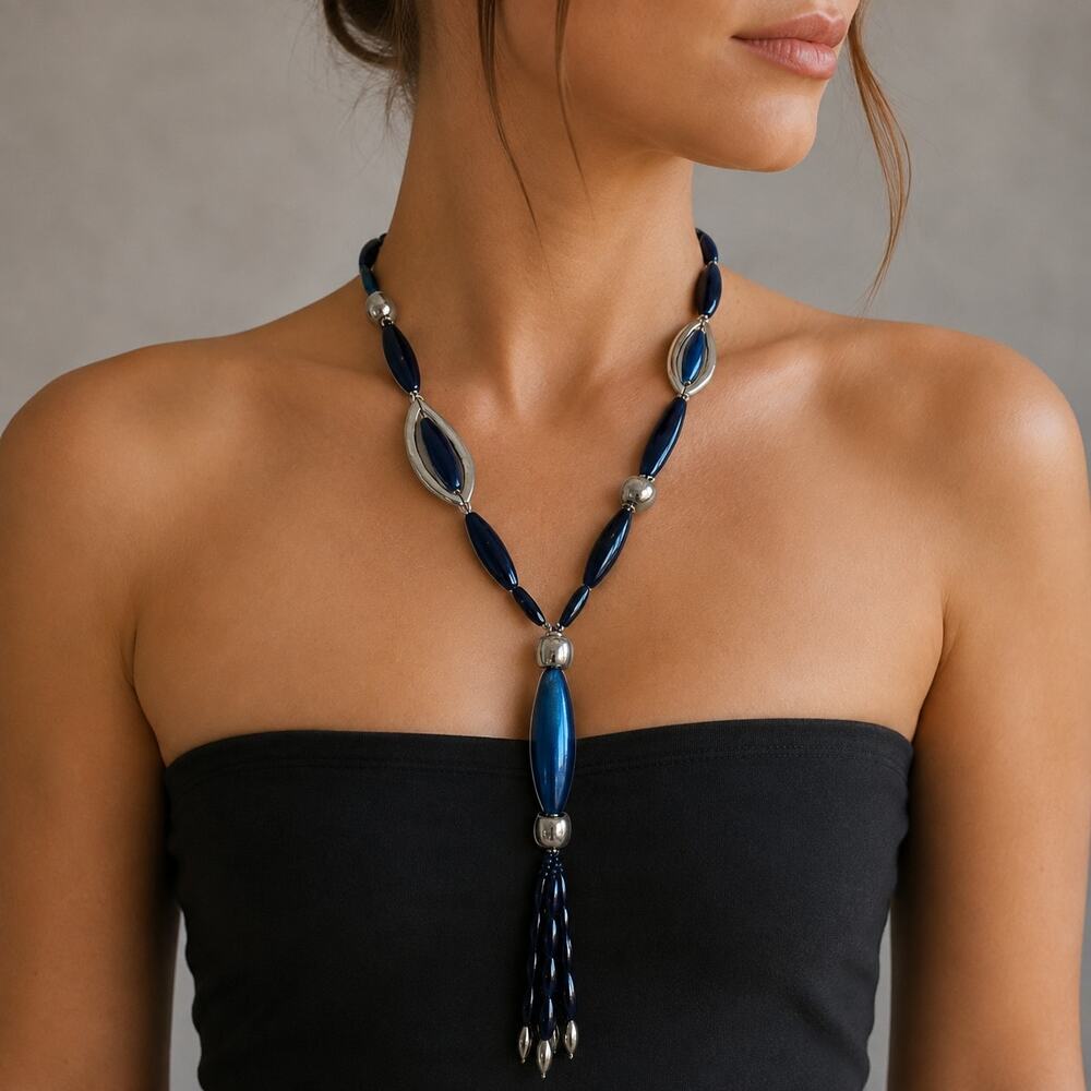 Chico's Blue Beaded Tassel Necklace